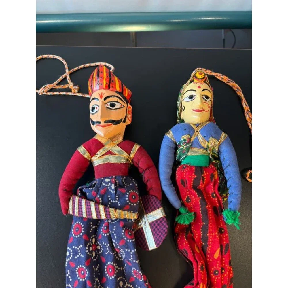 Rajasthani Kathputli String Puppets Pair Carved Wood Heads Indian Folk Art